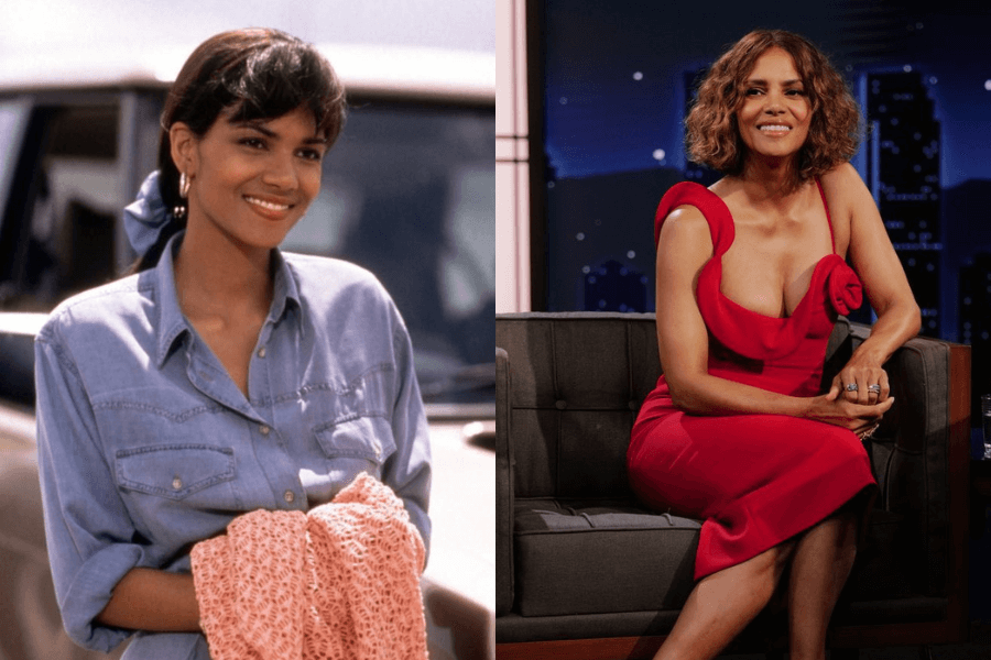 This image presents a side-by-side comparison: on the left, a younger woman smiles warmly while wearing a denim shirt and holding a crocheted fabric, standing near a car in a casual outdoor setting. On the right, the same individual, now older, sits elegantly on a talk show set, wearing a striking red dress with a confident and radiant expression.