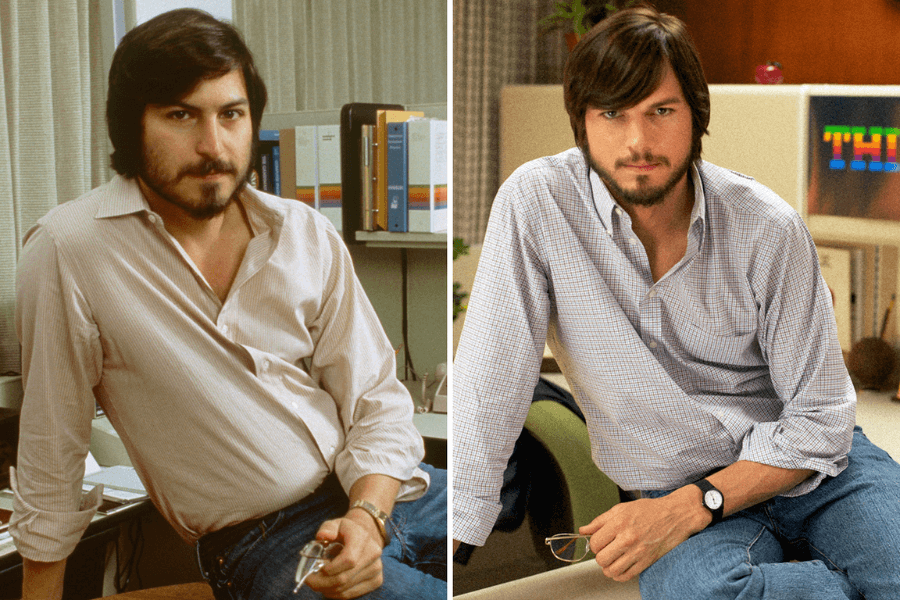 This side-by-side image comparison shows two men with similar appearances. Both wear casual button-down shirts and jeans, with a seated, relaxed posture in an office setting. The background includes bookshelves and a monitor, suggesting a tech or work environment.