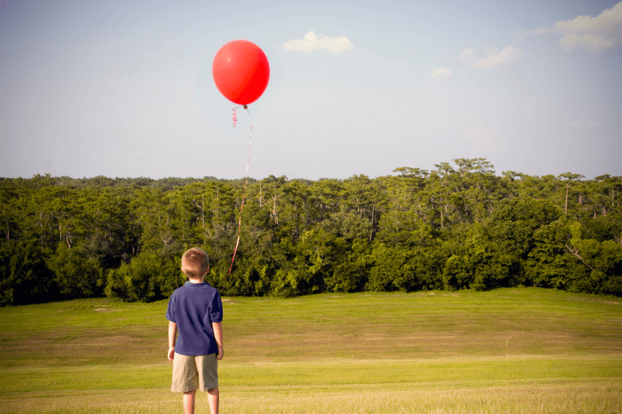 A young boy stands in a grassy field holding the string of a red balloon, gazing toward the horizon with a forest in the distance under a clear sky.