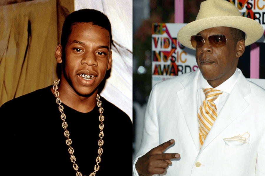 This image features a side-by-side comparison: on the left, a younger man wearing a black shirt, gold chain, and grills smiles confidently in a casual setting. On the right, the same individual, now older, exudes sophistication in a white suit, yellow tie, and matching fedora, making a peace sign at a music awards event.