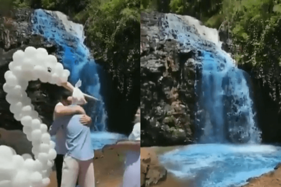 This image features a two-part scene set near a picturesque waterfall dyed bright blue, indicating a gender reveal celebration. On the left, two individuals embrace near a white balloon arch shaped like a swan, with one person wearing a unicorn horn headband. On the right, the vibrant blue water cascades down the rocky terrain, surrounded by lush greenery, creating a joyful and magical atmosphere.