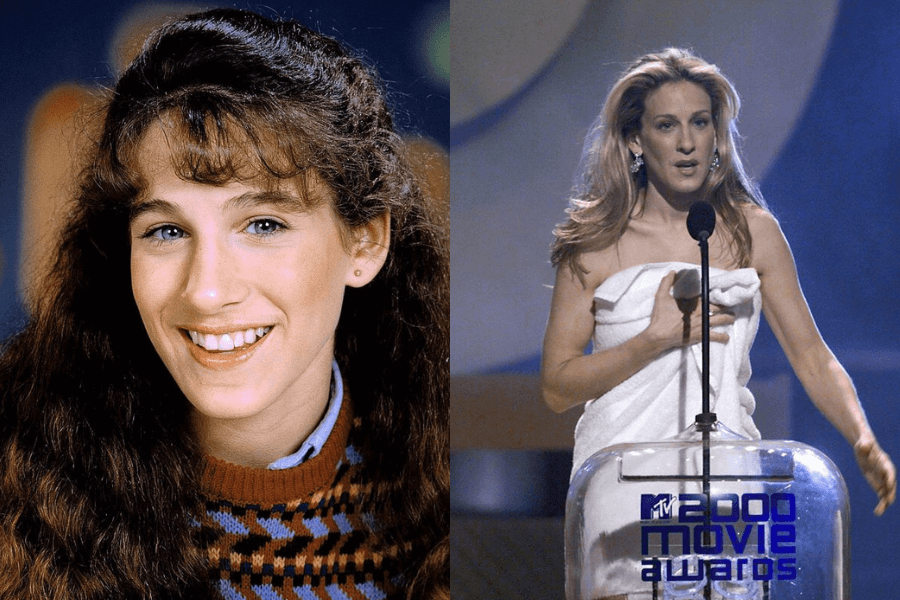 This image presents a side-by-side comparison: on the left, a young girl with long, curly hair and bangs smiles warmly, wearing a patterned sweater in a studio setting. On the right, the same individual, now an adult, stands on stage at the 2000 MTV Movie Awards, wearing a bold towel-like outfit, delivering a speech into a microphone.