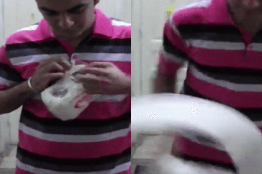 The image shows a split view of a man in a pink striped polo shirt engaging in a task involving a plastic bag. On the left, he is focused, working with his hands to manipulate or prepare the bag. On the right, the motion blur indicates he is rapidly spinning or swinging the bag, suggesting an attempt at a speed or skill-based activity, possibly for a challenge or record attempt. The setting appears casual, likely indoors.