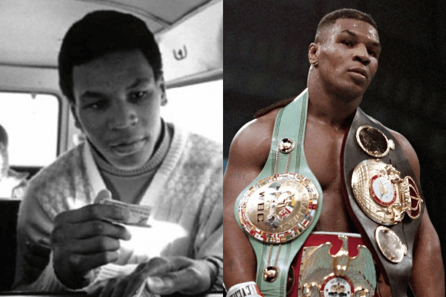 This image features a side-by-side comparison: on the left, a black-and-white photo of a young man in a sweater sitting in a vehicle, focused on holding what appears to be a dollar bill. On the right, the same individual, now a professional boxer, stands in the ring with a powerful presence, adorned with multiple championship belts draped over his shoulders.