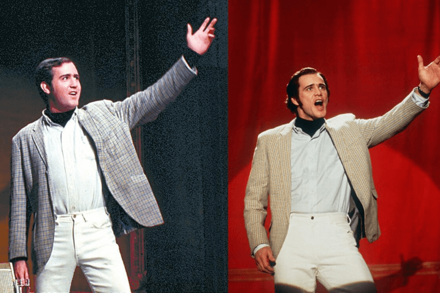 This image is a side-by-side comparison showing two men performing on stage in nearly identical outfits: a plaid blazer, white pants, and a turtleneck. Both strike expressive poses with raised arms, one in front of a dark background and the other against a bright red curtain, highlighting the theatrical setting.