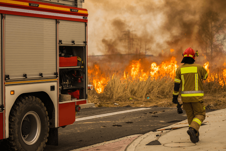 This image depicts a scene of a wildfire where a firefighter, dressed in full protective gear, is walking toward the flames burning through dry grass. A firetruck with its compartments open is parked nearby, ready with equipment. Thick smoke rises in the background, emphasizing the intensity of the blaze.