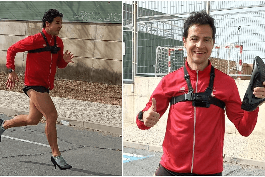 The image features a split view of a man attempting a unique athletic challenge. On the left, he is seen running outdoors at full speed while wearing high-heeled shoes, demonstrating balance and agility. On the right, he smiles proudly and gives a thumbs-up, holding one of the high heels as a trophy, likely celebrating the successful completion of the challenge or a record attempt. The setting appears to be an urban environment with a casual and supportive atmosphere.