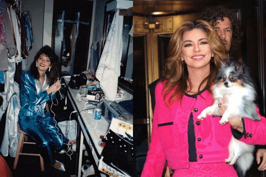 This image shows a side-by-side comparison: on the left, a woman dressed in a shiny blue outfit smiles while seated in a dressing room cluttered with costumes and accessories. On the right, the same woman, now older, smiles brightly while holding a small dog and wearing a vibrant pink outfit, with a man partially visible in the background.