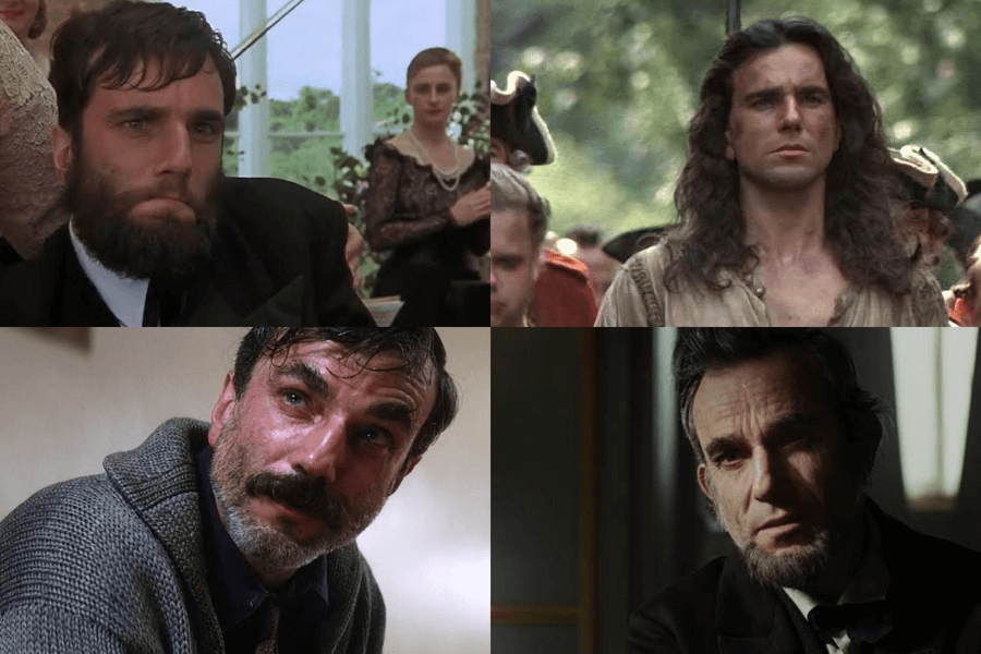 This image collage features four different portrayals of a man in varying character styles: one with a thick beard in a formal setting, another with long hair and a rugged look outdoors, a third with a mustache and emotional expression, and the fourth with a trimmed beard and solemn appearance, resembling a historical figure.