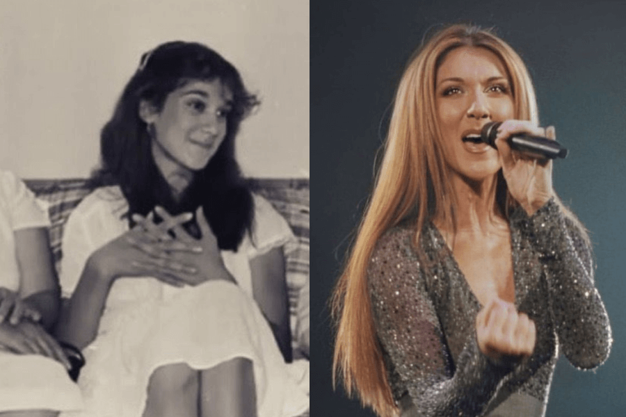 This image shows a side-by-side comparison: on the left, a black-and-white photo of a young girl sitting with a gentle smile, her hands clasped together, wearing a light-colored outfit. On the right, the same individual as an adult passionately performs on stage, holding a microphone and dressed in a sparkling outfit, exuding confidence and emotion.