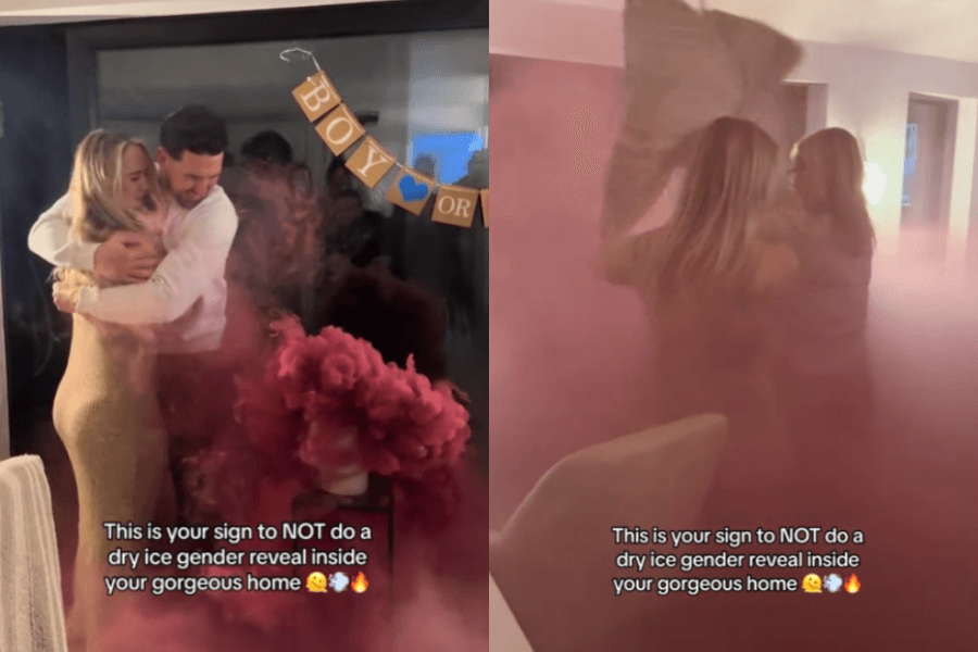 This image captures a humorous mishap during a gender reveal party involving dry ice. On the left, a couple embraces joyfully under a "Boy or Girl?" banner as pink smoke dramatically fills the room. On the right, the aftermath shows two people waving away the lingering smoke in a now hazy interior, with a caption warning against indoor dry ice reveals.