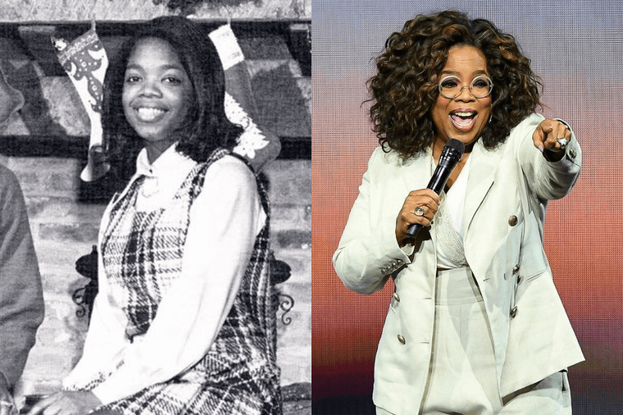 This image features a side-by-side comparison: on the left, a black-and-white photo of a young girl sitting and smiling warmly, wearing a plaid jumper over a white blouse, with holiday stockings in the background. On the right, the same individual as an adult, energetically pointing while holding a microphone, dressed in a stylish white suit, exuding charisma on stage.