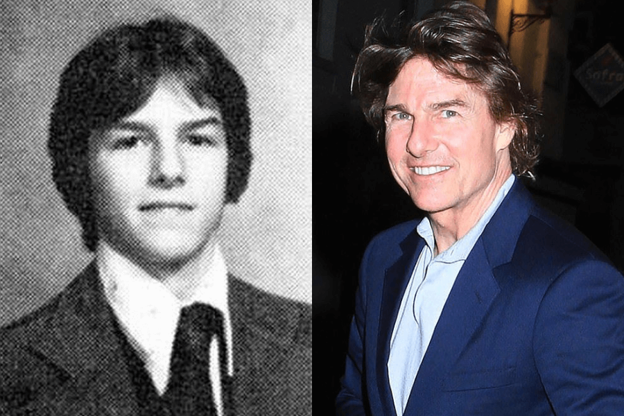 This image showcases a side-by-side comparison: on the left, a black-and-white yearbook-style photo of a young man with neatly styled hair, wearing a suit and tie, with a serious expression. On the right, the same individual as an adult, smiling brightly in a navy blazer and light blue shirt, exuding confidence and charm in a modern setting.