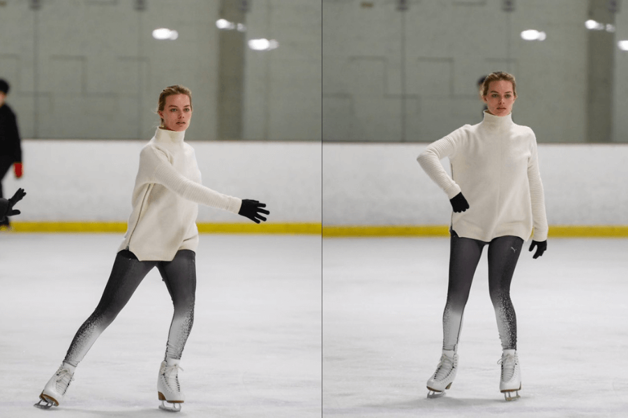 This image shows a woman ice skating in a rink, wearing a white turtleneck sweater, gradient leggings, gloves, and figure skates. She strikes two poses, emphasizing balance and grace in her movements, with a neutral-colored rink as the background.