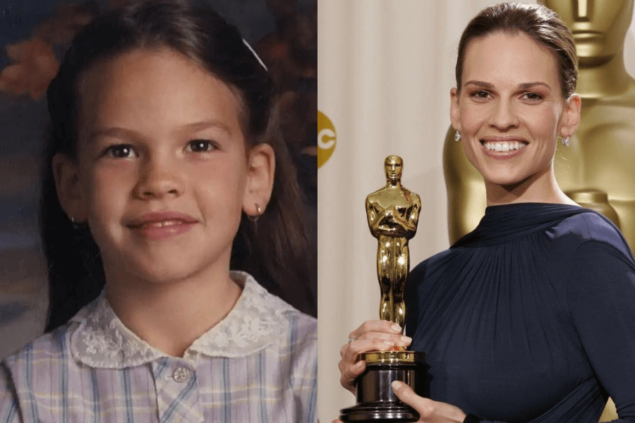 This image showcases a side-by-side comparison: on the left, a childhood photo of a young girl with neatly styled hair, wearing a collared dress and a gentle smile. On the right, the same individual as an adult beams with pride while holding an Academy Award, dressed elegantly in a navy gown against the iconic Oscars backdrop.