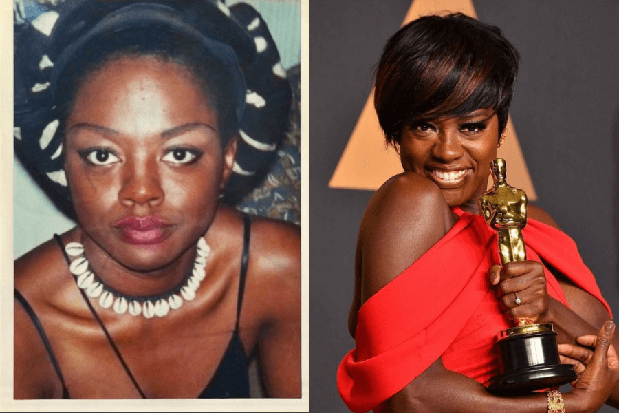 This image features a side-by-side comparison: on the left, a younger woman with a direct gaze, wearing a cowrie shell necklace and a headwrap, exuding a natural and confident style. On the right, the same individual, now an accomplished actor, radiates joy while holding an Academy Award, dressed in a striking red gown at an awards ceremony.