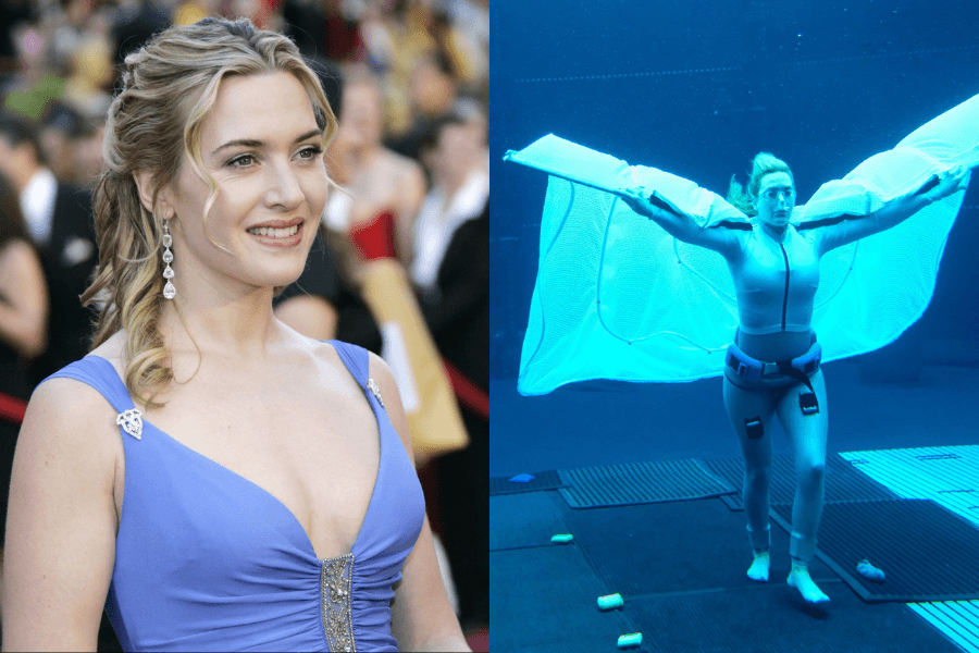 This side-by-side image features a woman in two contrasting settings. On the left, she is dressed elegantly in a blue evening gown with diamond earrings, smiling on a red carpet at a formal event. On the right, she is underwater in a performance or training scenario, wearing a wetsuit with extended fabric resembling wings, showcasing dynamic movement in a submerged environment.