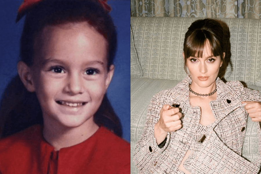 This image shows a side-by-side comparison: on the left, a young girl smiling brightly, wearing a red outfit with a matching bow in her hair, in a school portrait-style setting. On the right, the same individual as an adult poses confidently in a tweed outfit with a modern hairstyle and bold expression, sitting on a patterned sofa in a sophisticated setting.