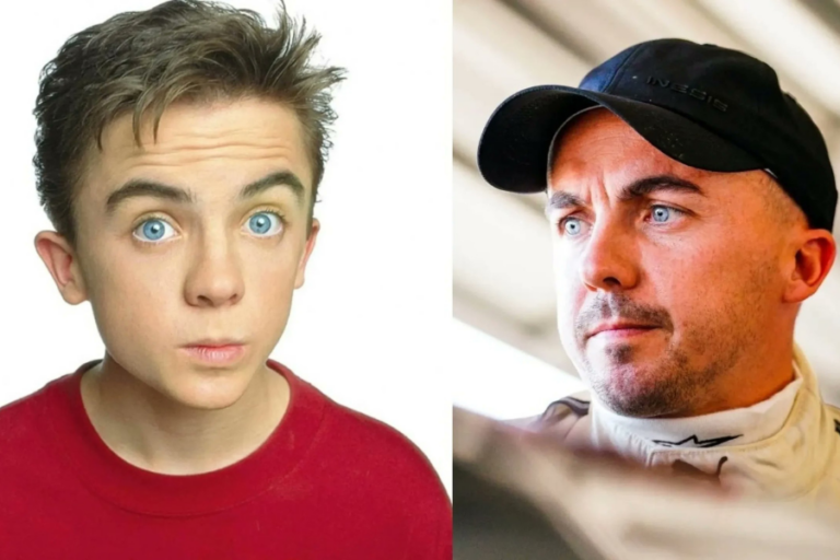 This image presents a side-by-side comparison of the same individual at different life stages. On the left, they are a young person with bright blue eyes, styled hair, and wearing a red shirt, giving an expressive and surprised look. On the right, they are older, sporting a black cap and a serious expression, dressed in racing gear, showcasing a mature and focused demeanor.