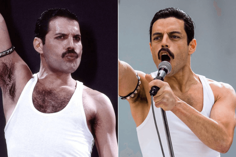 This side-by-side image showcases two individuals performing on stage in similar appearances. On the left, a man with a mustache in a white tank top raises his arm confidently, reminiscent of an iconic rock performance. On the right, another man with a strikingly similar look, also in a white tank top, holds a microphone while singing passionately, recreating the same energy and style.