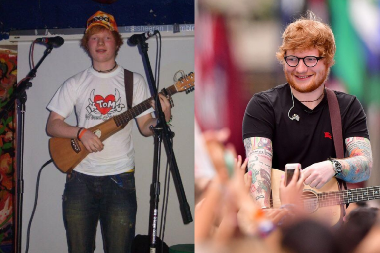 This image highlights a side-by-side comparison: on the left, a young musician with red hair performs on a small stage, wearing a casual T-shirt, jeans, and a beanie while holding a guitar. On the right, the same individual, now an established artist, smiles confidently while performing for a larger crowd, sporting tattoos, a black T-shirt, glasses, and a guitar, exuding charisma and joy.