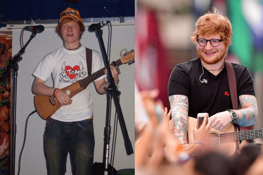 This image highlights a side-by-side comparison: on the left, a young musician with red hair performs on a small stage, wearing a casual T-shirt, jeans, and a beanie while holding a guitar. On the right, the same individual, now an established artist, smiles confidently while performing for a larger crowd, sporting tattoos, a black T-shirt, glasses, and a guitar, exuding charisma and joy.