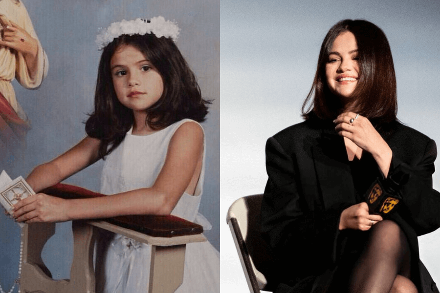 This image shows a side-by-side comparison: on the left, a young girl dressed in a white ceremonial outfit with a floral crown, sitting at a prayer bench, holding a small religious booklet with a solemn expression. On the right, the same individual, now an adult, beams with a radiant smile during a public event, wearing a chic black outfit and exuding confidence and poise.