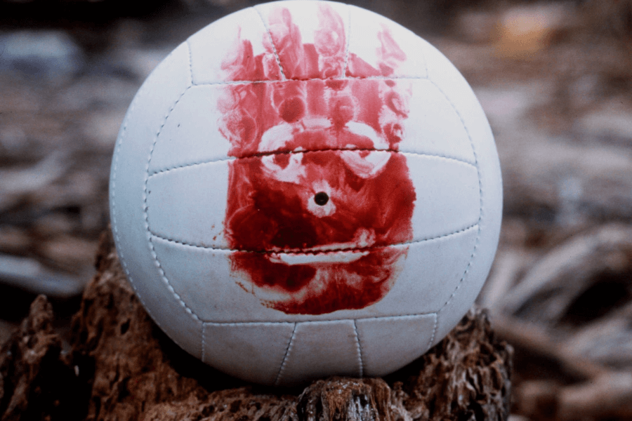 This image shows a white volleyball with a red handprint on its surface, stylized to resemble a face with eyes and a mouth, giving it a human-like expression. The ball is placed on a piece of driftwood in an outdoor setting, with a blurred background of natural elements. The striking handprint evokes a sense of isolation and creativity, adding emotional depth to the scene.
