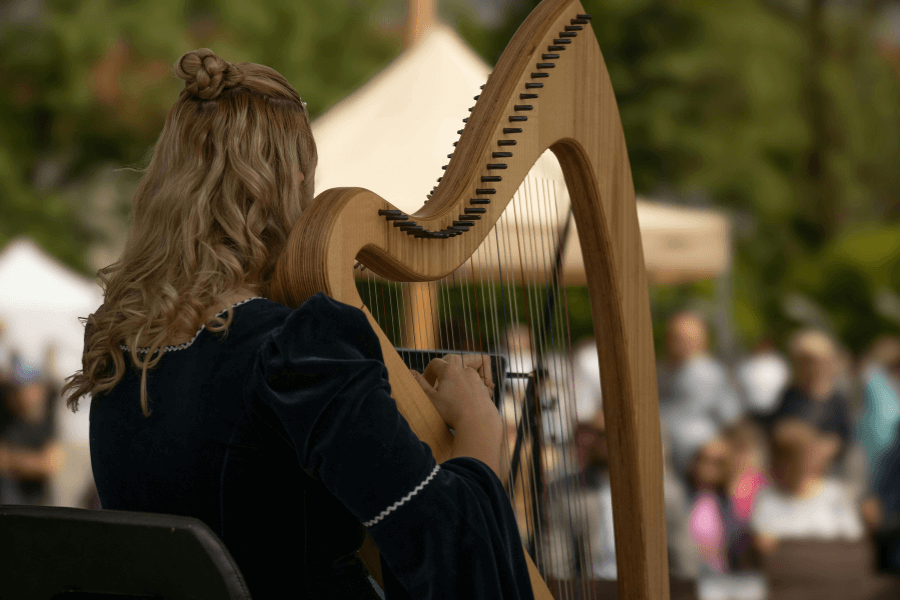 A harpist with wavy blonde hair, dressed in an elegant dark gown, plays an ornate harp during an outdoor event. The blurred background shows a gathering of people, suggesting a lively and cultural atmosphere.