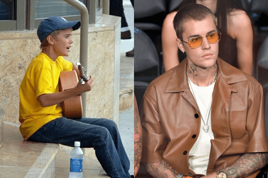 This image showcases a side-by-side comparison: on the left, a young boy wearing a yellow T-shirt and blue cap sits on a sidewalk, passionately singing and playing an acoustic guitar. On the right, the same individual, now an adult, sports a stylish look with a brown leather jacket, yellow-tinted glasses, and visible tattoos, sitting confidently at an event.