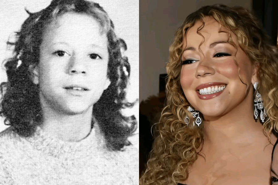 This image presents a side-by-side comparison: on the left, a black-and-white photo of a young girl with curly hair and a neutral expression, wearing a sweater. On the right, the same individual as an adult beams with a radiant smile, her hair styled in voluminous curls, accessorized with elegant earrings, exuding glamour and confidence.