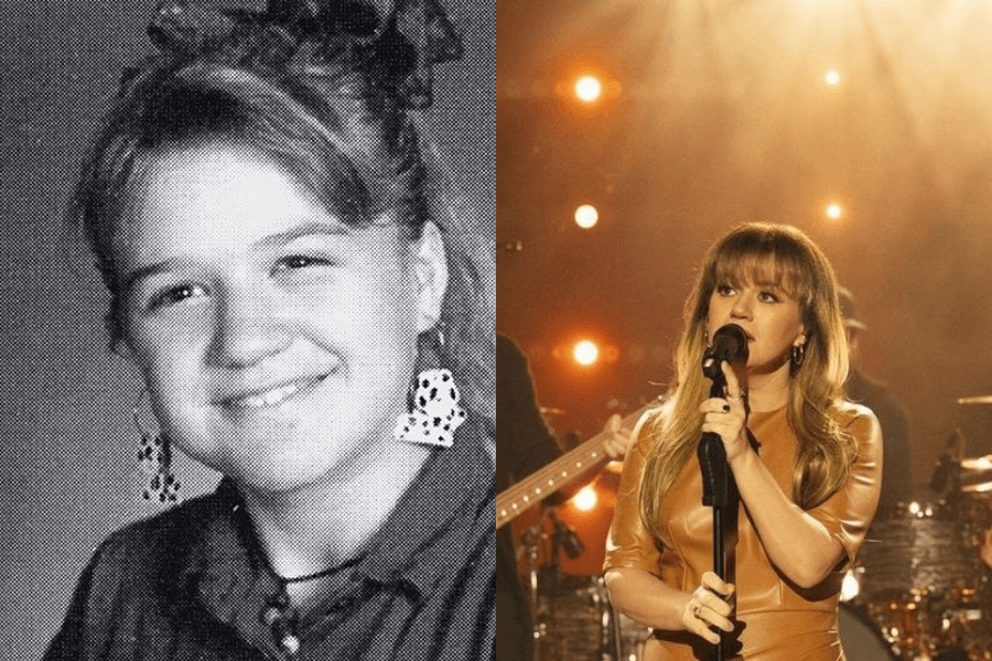 This image features a side-by-side comparison: on the left, a black-and-white photo of a young girl smiling, wearing Dalmatian-patterned earrings and a bow in her hair. On the right, the same person, now an adult, performs on stage in a leather outfit, holding a microphone with warm stage lights glowing in the background.