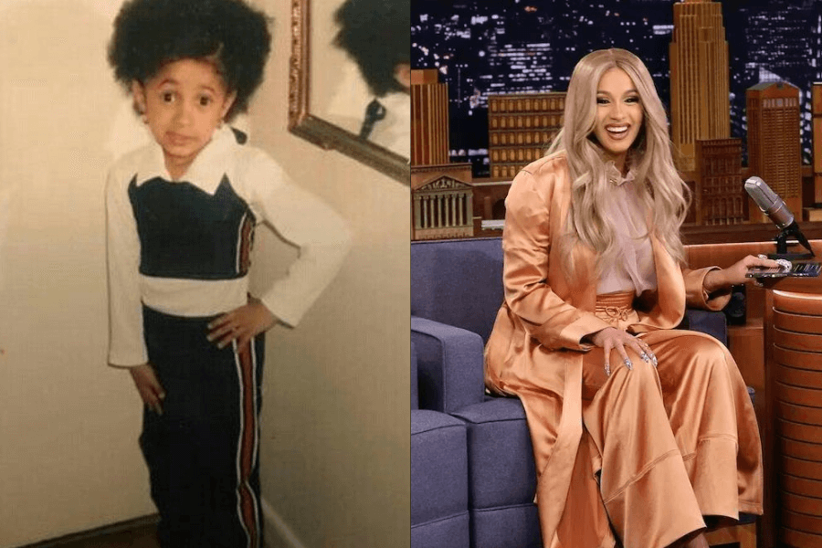 This image shows a side-by-side comparison: on the left, a young girl strikes a sassy pose with her hand on her hip, dressed in a sporty outfit with an afro hairstyle, in a casual indoor setting. On the right, the same individual, now an adult, exudes confidence and charm while sitting on a talk show set, dressed in a silky, stylish orange outfit, laughing and holding a microphone.