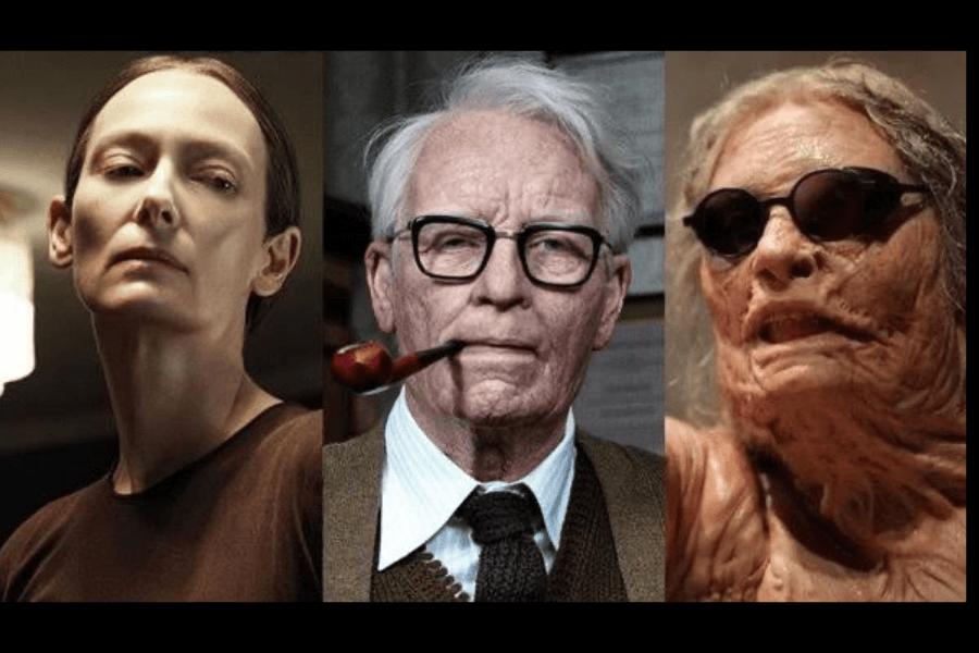 This image is a collage featuring three distinct characters. The left shows a stern-looking individual with a minimalist, clean appearance. The center depicts an older man with glasses and a pipe, dressed in formal attire. The right shows a grotesque figure with heavily scarred skin and dark glasses, emphasizing a dramatic transformation or character prosthetics.