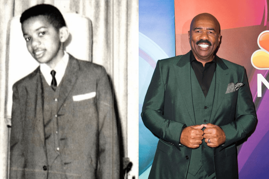 This image presents a side-by-side comparison: on the left, a black-and-white photo of a young boy in a formal suit and tie, standing confidently with a slight smile. On the right, the same individual as an adult beams with charisma, dressed in a sharp green suit with a pocket square, standing against a colorful backdrop at a media event.