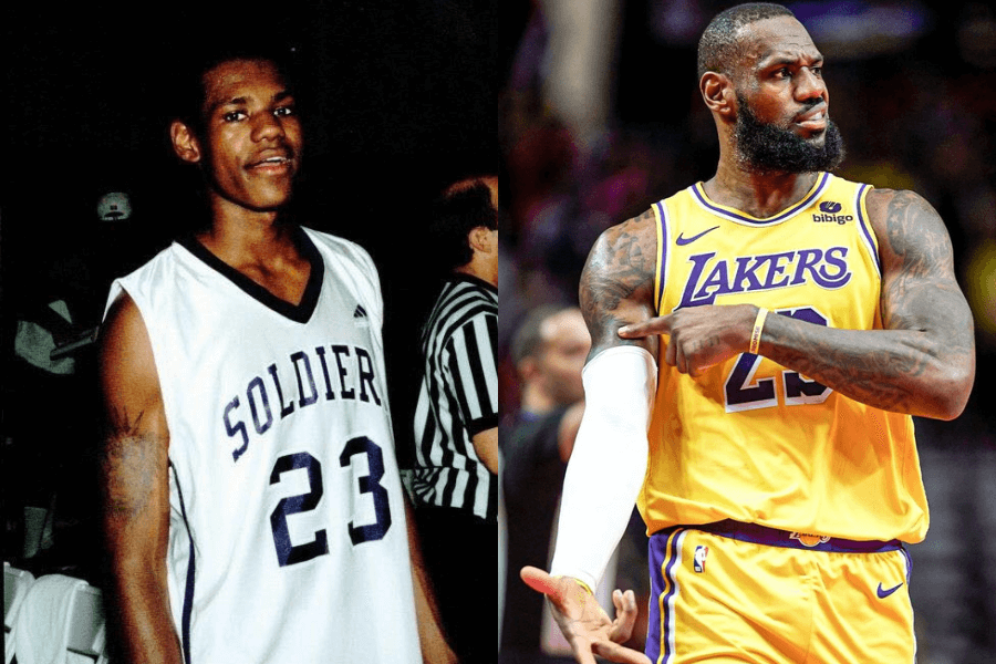 This image features a side-by-side comparison: on the left, a young basketball player wearing a "Soldier" jersey with the number 23 stands confidently in a game setting. On the right, the same individual as a professional athlete, now a member of the Los Angeles Lakers, wears the iconic yellow jersey with the same number, exuding determination on the basketball court.