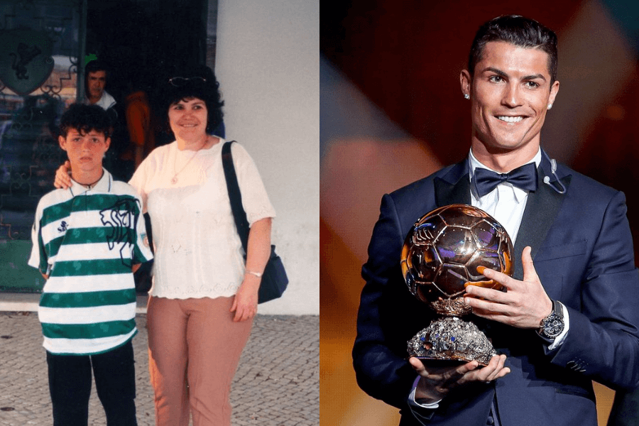 This image features a side-by-side comparison: on the left, a young boy wearing a Sporting Lisbon jersey poses with his mother in an outdoor setting, exuding youthful determination. On the right, the same individual as an adult stands proudly in a tuxedo, holding the prestigious Ballon d'Or trophy, showcasing his celebrated career as a world-class footballer.