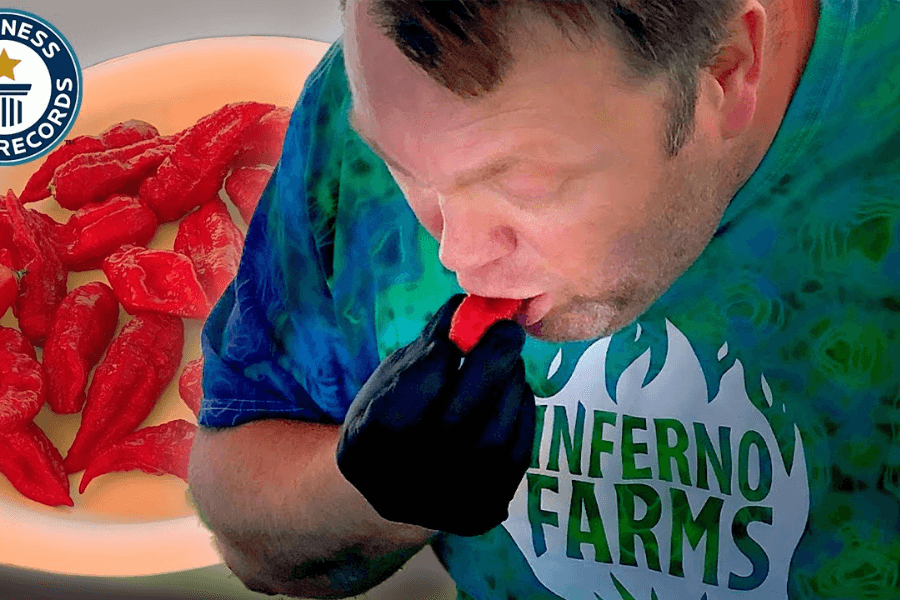 The image shows a man participating in a hot pepper-eating challenge, biting into a red chili pepper while wearing a glove on one hand. He is dressed in a shirt with the "Inferno Farms" logo, emphasizing the fiery theme of the event. A plate of red chili peppers is visible in the background, along with a Guinness World Records emblem, suggesting this is part of an official record attempt involving consuming extreme quantities or the world's hottest peppers.