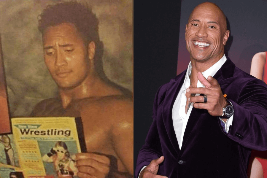 This image showcases a side-by-side comparison: on the left, a young man with a muscular build looks intently at a wrestling magazine, reflecting his early connection to the sport. On the right, the same individual, now a global star, smiles radiantly while pointing confidently at the camera, dressed in a sharp velvet suit at a red carpet event.