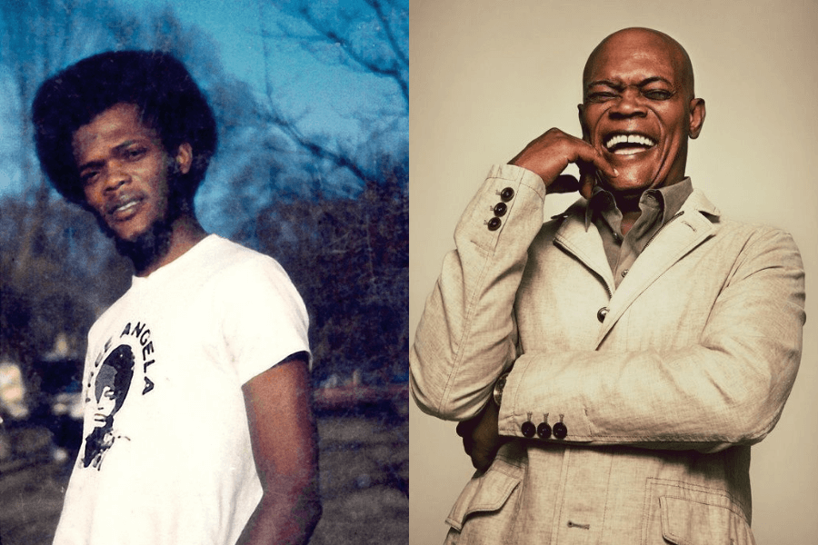 This image provides a side-by-side comparison: on the left, a young man with a large afro and beard poses outdoors, wearing a graphic T-shirt with a relaxed expression. On the right, the same individual as an older adult exudes charisma and energy, laughing confidently in a stylish beige suit against a studio backdrop.