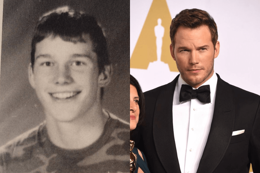 This image presents a side-by-side comparison: on the left, a black-and-white photo of a young boy smiling widely, wearing a camouflage-patterned shirt in a school portrait. On the right, the same individual as an adult exudes sophistication in a tuxedo with a bow tie, attending a formal event with the Oscars backdrop in the background.