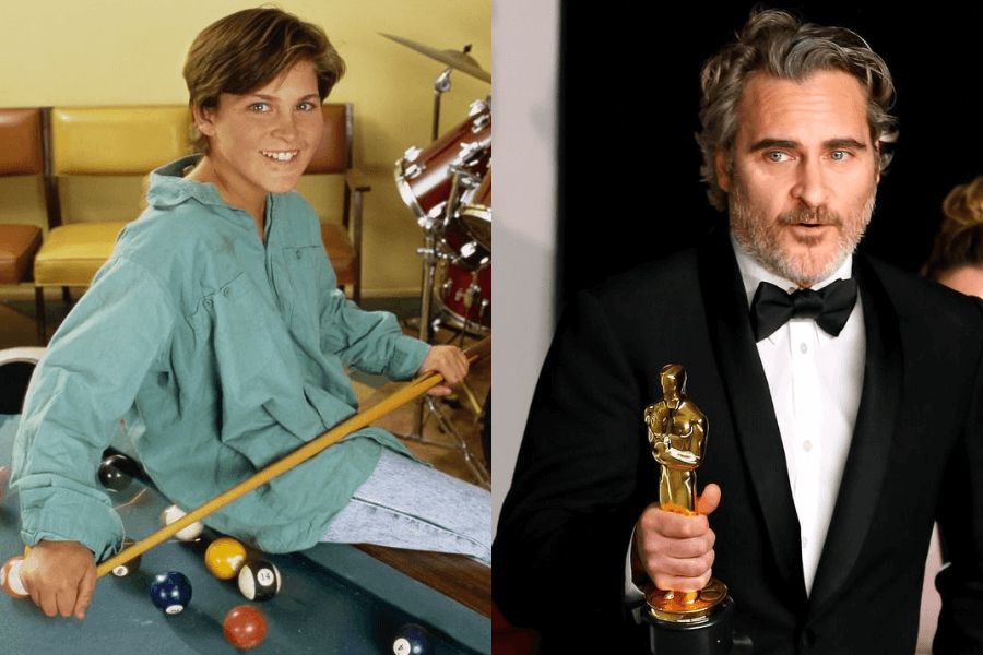 This image showcases a side-by-side comparison: on the left, a young boy smiles while playing pool, dressed in a casual green shirt, with a drum set visible in the background. On the right, the same individual as an adult holds an Academy Award, dressed in a formal black tuxedo, exuding confidence and accomplishment at a prestigious event.