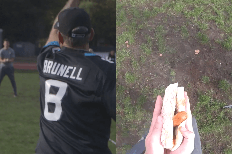 The image is a split view showing an unconventional activity. On the left, a man wearing a jersey with the name "Brunell" and number "8" is throwing an object in an outdoor field setting, suggesting a playful or competitive event. On the right, a first-person view shows a hot dog in a bun, seemingly caught mid-action, implying the throw was aimed at delivering the hot dog into someone's hands. The scene captures a humorous or creative take on sports and food challenges.