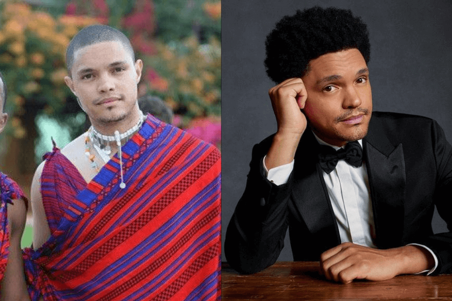 This image features a side-by-side comparison: on the left, a young man dressed in traditional Maasai attire, wearing vibrant red and blue patterns, stands outdoors against a backdrop of flowers. On the right, the same individual, now older, poses elegantly in a tailored tuxedo, resting his chin on his hand, exuding sophistication and confidence in a formal studio setting.