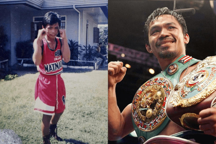 This image presents a side-by-side comparison: on the left, a young boy poses in a boxing stance, wearing red training gear and standing outdoors in a yard. On the right, the same individual, now a world-renowned boxer, smiles confidently in the ring, adorned with multiple championship belts, showcasing his incredible career achievements.