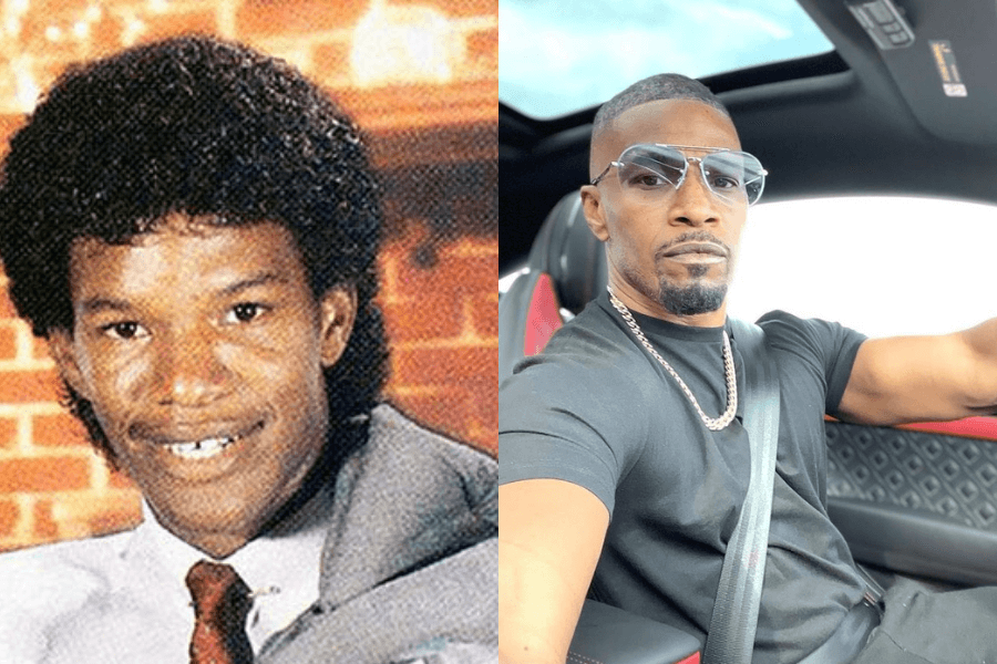 This image presents a side-by-side comparison: on the left, a younger man with a classic 1980s-style afro and a charming smile, dressed formally in a tie and jacket draped over his shoulder, against a brick backdrop. On the right, the same individual as an adult, confidently taking a selfie in a car, wearing sunglasses, a chain necklace, and a fitted black shirt, exuding modern style and charisma.