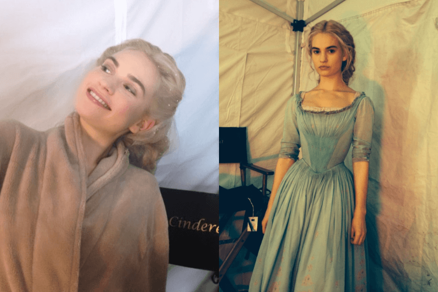 This image features a side-by-side comparison of a woman dressed in character for a film role. On the left, she is smiling while wearing a beige robe, with "Cinderella" visible on a chair behind her. On the right, she is in full costume, wearing an elegant light-blue gown with detailed pleats, styled as a classic fairy tale princess.