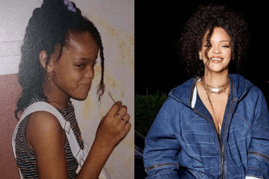 This image shows a side-by-side comparison: on the left, a young girl with braided hair and a playful smile, holding a toothpick and dressed in striped overalls, exuding youthful charm. On the right, the same individual, now a global icon, smiles radiantly in a bold denim outfit, accessorized with layered gold necklaces, showcasing her confident and stylish persona.