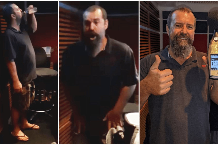 The image collage shows a man in a soundproof room performing an activity, likely related to sound production. In one frame, he is drinking water, and in another, he appears to be projecting his voice. The final frame shows him smiling and holding a sound meter displaying "112 dB," likely indicating a record-breaking loud sound. The setting emphasizes precision and measurement in an acoustic environment.