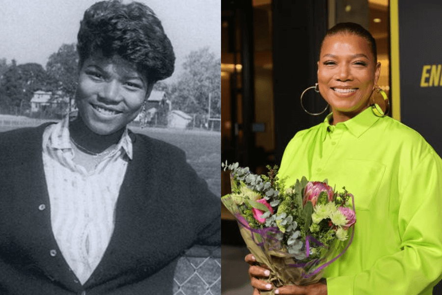 This image showcases a side-by-side comparison: on the left, a black-and-white photo of a young girl standing outdoors, smiling warmly while dressed in a cardigan and collared shirt. On the right, the same person as an adult, glowing in a bright lime-green outfit, holding a bouquet of flowers and exuding confidence at a public event.